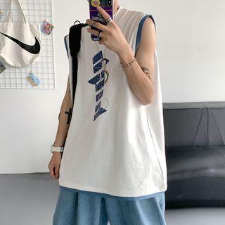 Sleeveless Contrast Trim Letter Printed Tank Top