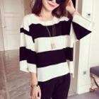 Round-neck Striped 3/4-sleeve Knit Top
