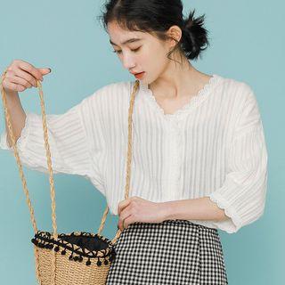 Lace Trim Elbow-sleeve Blouse White - One Size