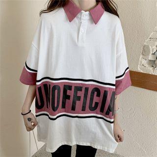 Elbow-sleeve Polo-neck Lettering T-shirt