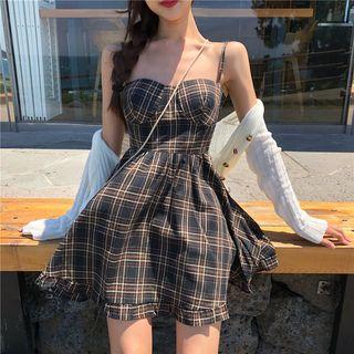 Plaid Strappy A-line Dress / Light Jacket