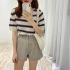 Short-sleeve Striped Knit Top Almond & Sapphire Blue - One Size