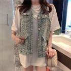 Elbow-sleeve T-shirt / Tweed Buttoned Vest