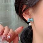 Bow Alloy Faux Pearl Dangle Earring 1 Pair - S925 Silver - Blue & White - One Size