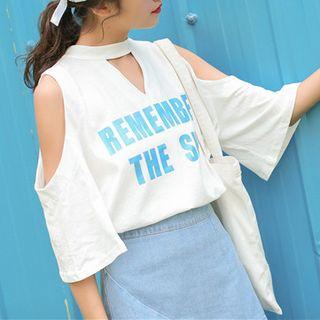 Lettering Elbow-sleeve Cut Out T-shirt