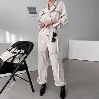 Notch-collar Button-up Belted Jumpsuit
