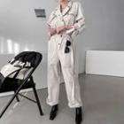 Notch-collar Button-up Belted Jumpsuit
