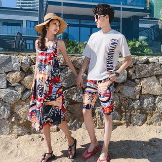 Couple Matching Sleeveless Print Midi Dress / Shorts / Short-sleeve T-shirt