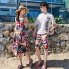 Couple Matching Sleeveless Print Midi Dress / Shorts / Short-sleeve T-shirt