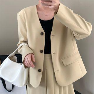 Plain Single-breasted Blazer / Pleated Skirt