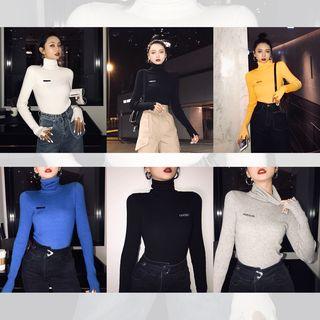 Turtleneck Lettering Embroidered Rib Knit Top