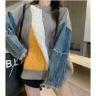 Denim Panel Color Block Sweater Gray & White & Yellow - One Size