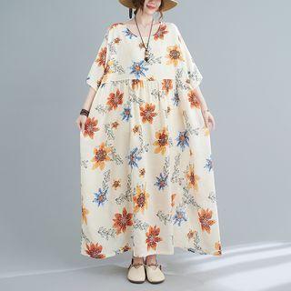 Floral Maxi A-line Dress Flowers - Beige - One Size