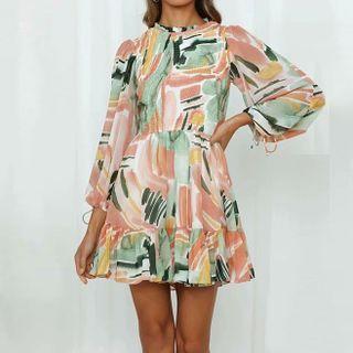 Long-sleeve Color Block Chiffon Mini A-line Dress