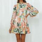 Long-sleeve Color Block Chiffon Mini A-line Dress