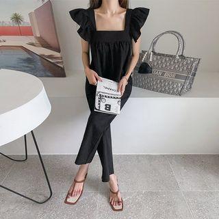 Flutter-sleeve Blouse & Wide-leg Pants Set