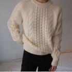 Long-sleeve Crewneck Plain Cable-knit Sweater Milky White - One Size