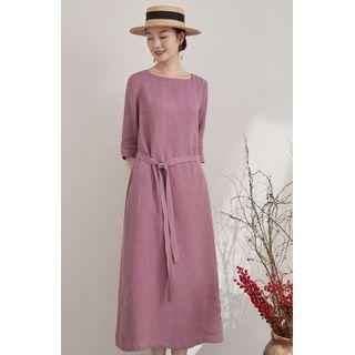Elbow-sleeve Plain Linen Dress