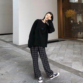 Set : Long-sleeve Loose-fit Sweatshirt + Plaid Casual Pants