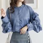 Puff-sleeve Ruffle Trim Buttoned Blouse