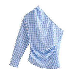 One-shoulder Gingham Blouse