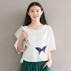 3/4-sleeve Butterfly Embroidered Top