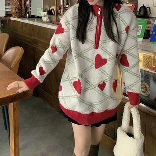 Half-zip Heart Print Sweater Heart Print - Red & Beige - One Size