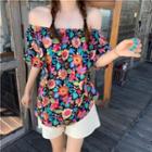 Floral Off-shoulder Short-sleeve Top As Shown In Figure - One Size