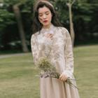 Lace Panel Mandarin Collar Long-sleeve Midi A-line Dress