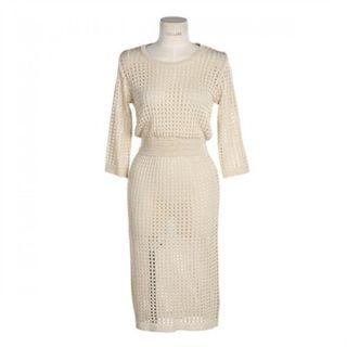 3/4-sleeve Banded-waist Perforated Dress With Slipdress