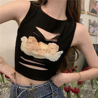 Sleeveless Cutout Print Top Black - One Size