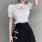 Puff-sleeve Cutout Blouse / Frog Buttoned A-line Skirt