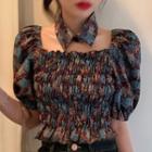 Floral Print Puff-sleeve Crinkle Blouse As Shown In Figure - One Size