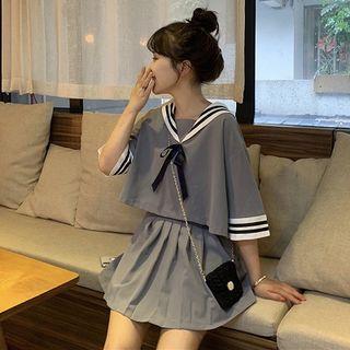 Sailor Collar Elbow-sleeve Blouse / Pleated Skirt / Sweatshorts / Set