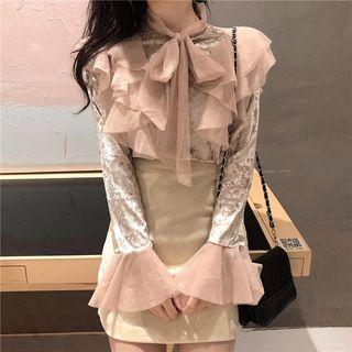 Long-sleeve Mesh Ruffle Trim Velvet Top
