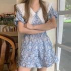 Short-sleeve Flower Print Collared Romper Blue - One Size