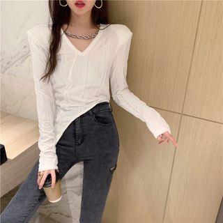Long-sleeve V-neck Asymmetrical T-shirt