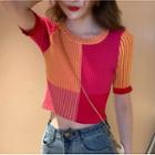 Short-sleeve Paneled Ribbed Cropped Knit Top