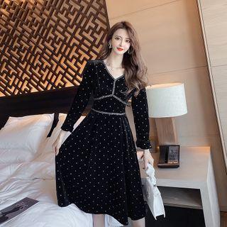 Puff-sleeve Dotted Velvet Midi A-line Dress