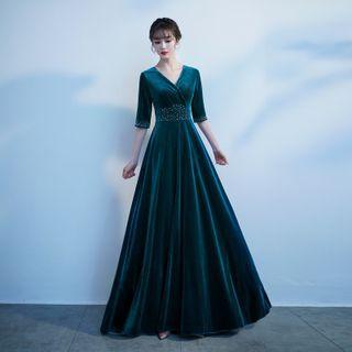Elbow-sleeve Velvet A-line Gown