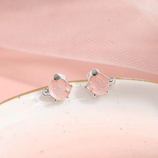 925 Sterling Silver Mouse Stud Earring Mice - Pink - One Size