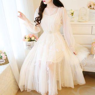 Long-sleeve Mesh Beaded Dress