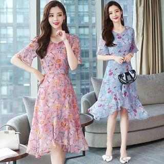 Elbow-sleeve Printed Frill Trim A-line Dress