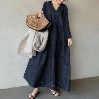 Long-sleeve V-neck Maxi Shift Dress Dark Blue - One Size