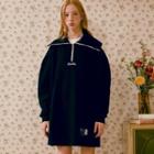Zipped Letter-collared Pullover Dress Navy Blue - One Size