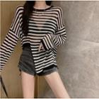 Striped Side-slit Light Knit Top / Drawstring-side Denim Shorts
