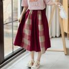 Plaid Panel Midi A-line Skirt Wine Red - One Size