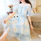 Off-shoulder Argyle Print Midi Lace Dress