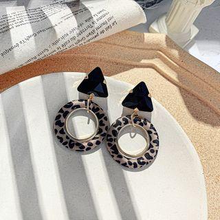Leopard Print Hoop Alloy Dangle Earring 1 Pair - Dangle Earring - Leopard - Silver Pin - Black & Khaki - One Size
