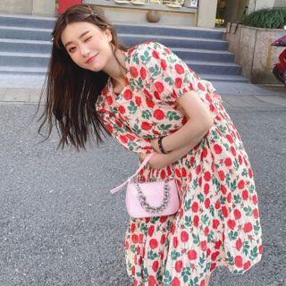 Short-sleeve Floral A-line Dress Red Floral - White - One Size